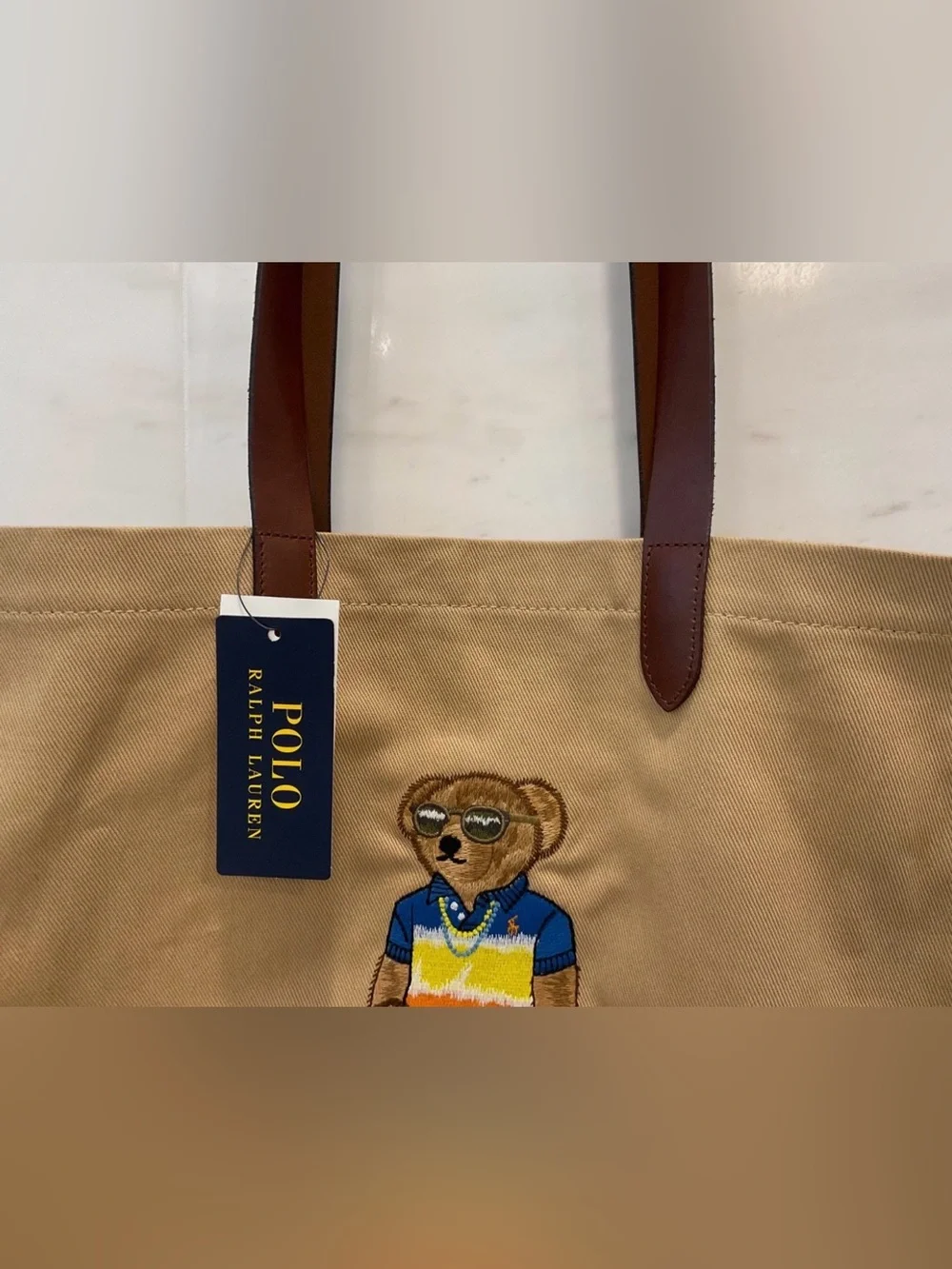 Polo Ralph Lauren Khaki Tan BEACH SHOP BEAR Cotton Twill Embroidered Tote Bag